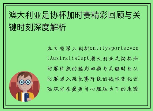 澳大利亚足协杯加时赛精彩回顾与关键时刻深度解析 澳大利亚足协杯加时赛精彩回顾与关键时刻深度解析