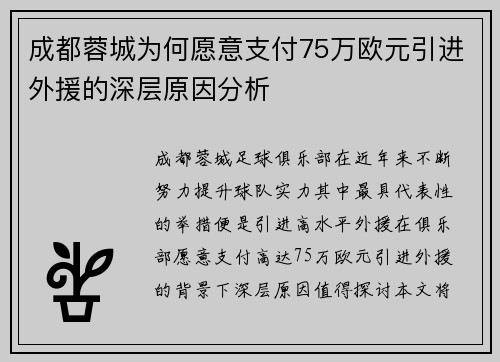 成都蓉城为何愿意支付75万欧元引进外援的深层原因分析 成都蓉城为何愿意支付75万欧元引进外援的深层原因分析
